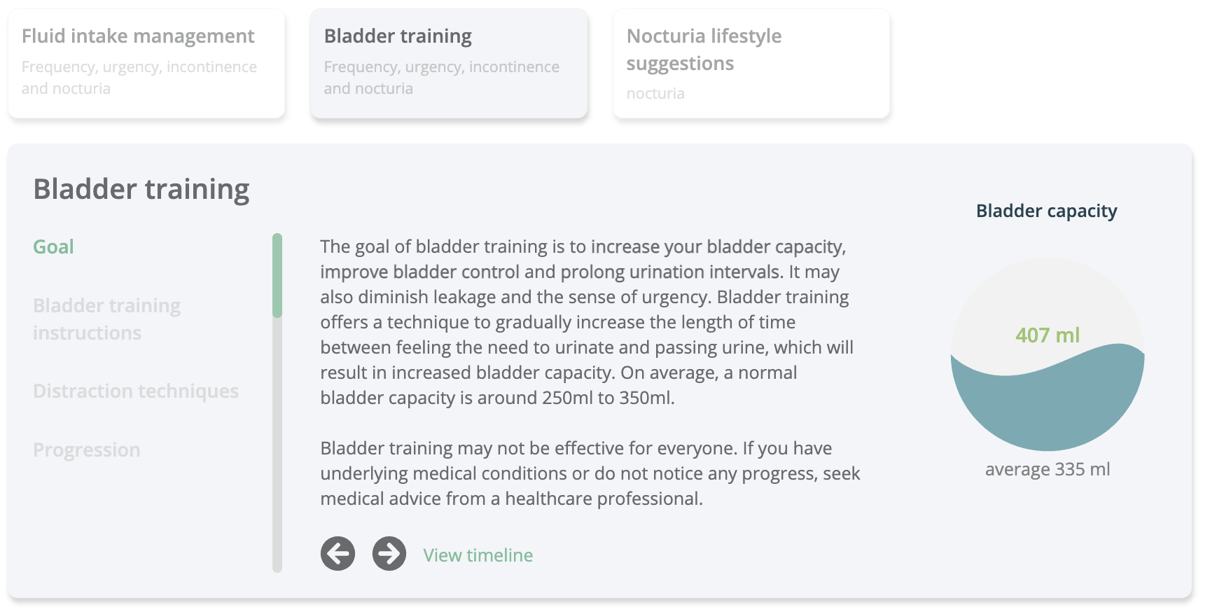 Example of a personalised bladder training suggestion based on voiding diary measurements with the Minze Diary Pod.